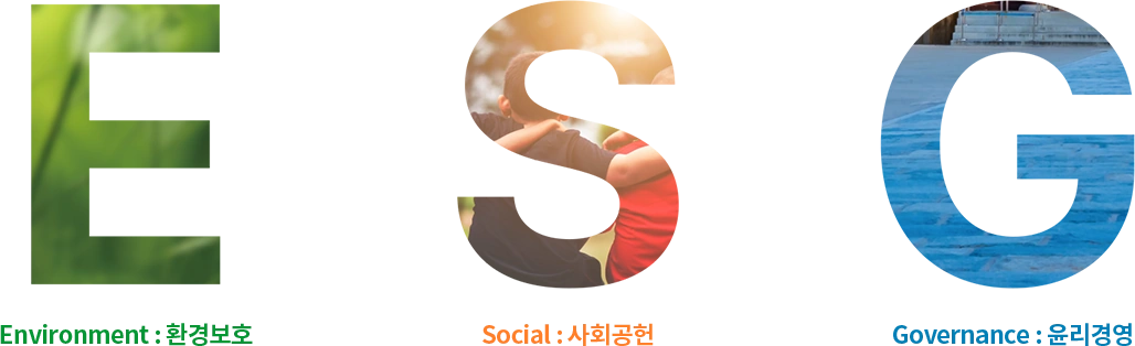 Environment : 환경보호, Social : 사회공헌, Governance : 윤리경영